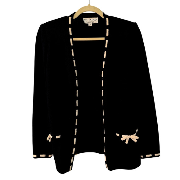 St. John 8 Santana Knit 100% Wool Cardigan Sweater Contrast Trim Jacket Black - Picture 4 of 9